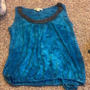Cato Teal Sleeveless Blouse with Beaded Neckline